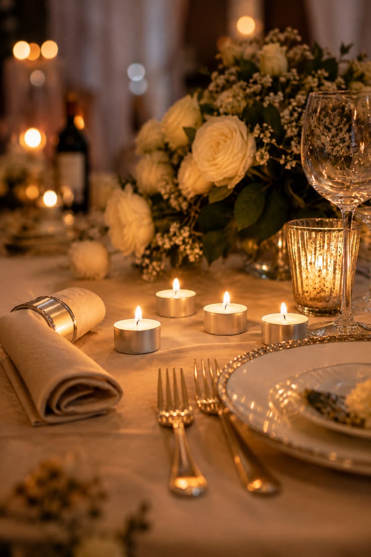 A candlelit table with white roses, tealight candles, and gold flatware
