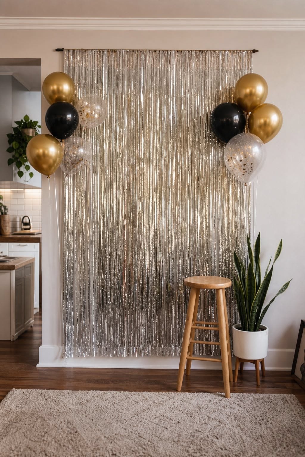 A gold tinsel curtain backdrop with gold, black, and confetti balloon clusters on each side