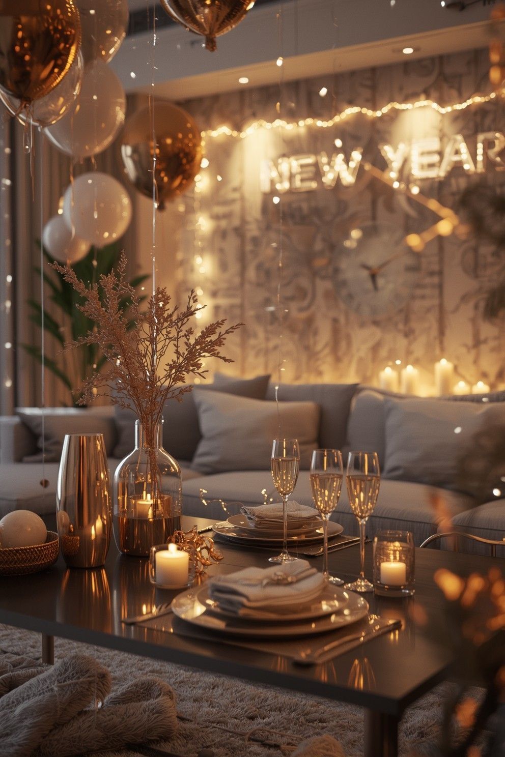 A silver fringe curtain backdrop with mini disco balls scattered across a set dinner table