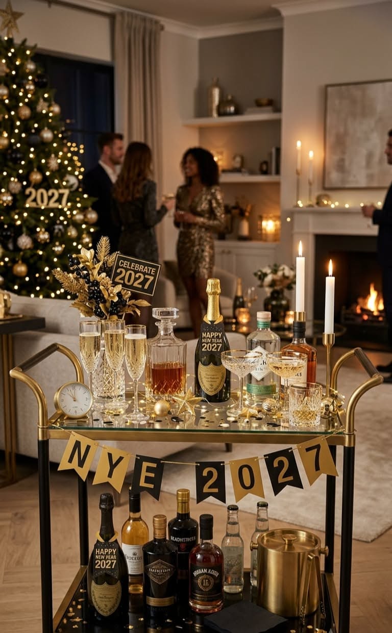 A bar cart strung with an NYE 2027 banner, champagne, and spirits in front of a lit Christmas tree
