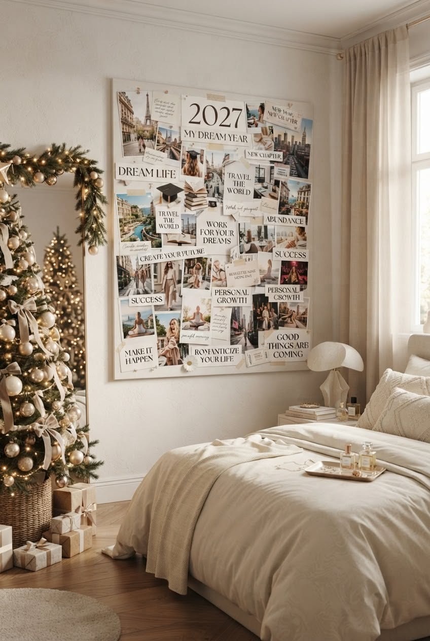A large 2027 vision board collage with travel photos and motivational words above a bed
