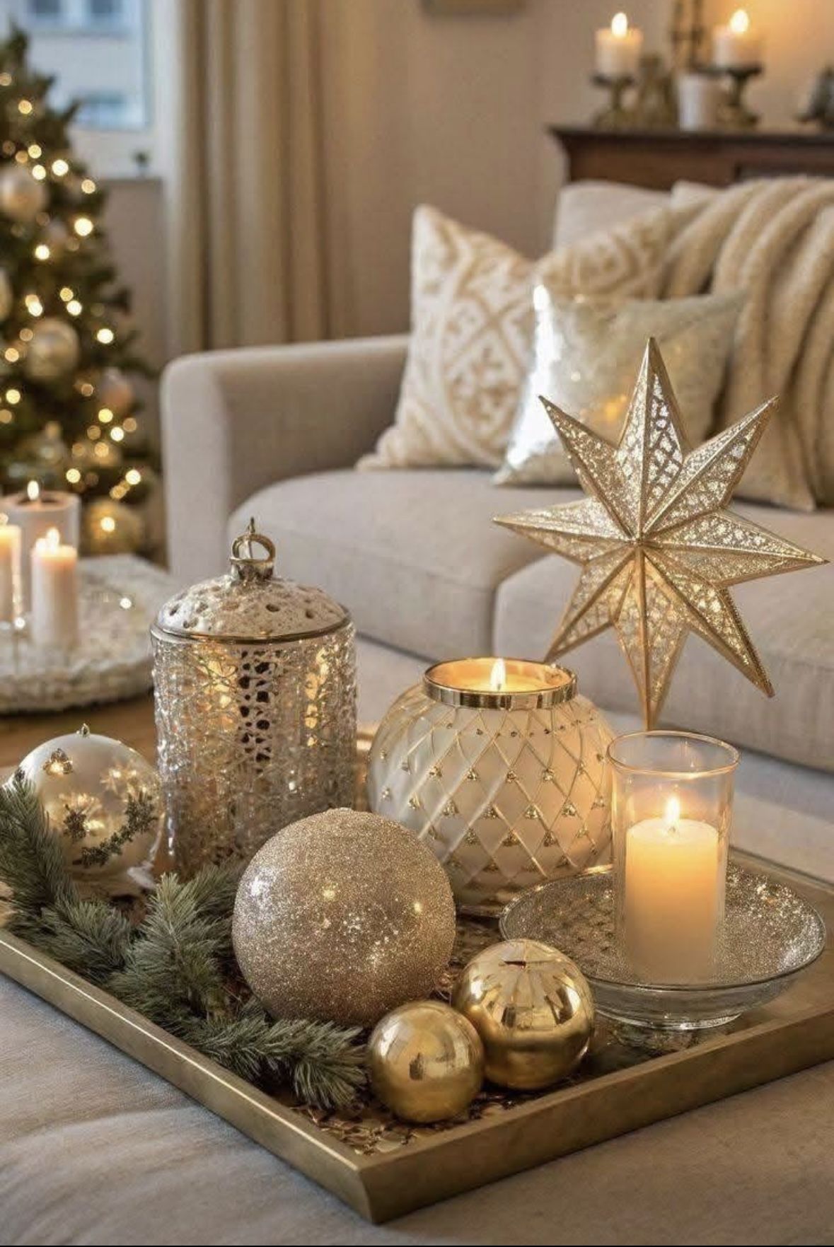 A tray of gold ornament balls, a glittered star, and candles on a coffee table