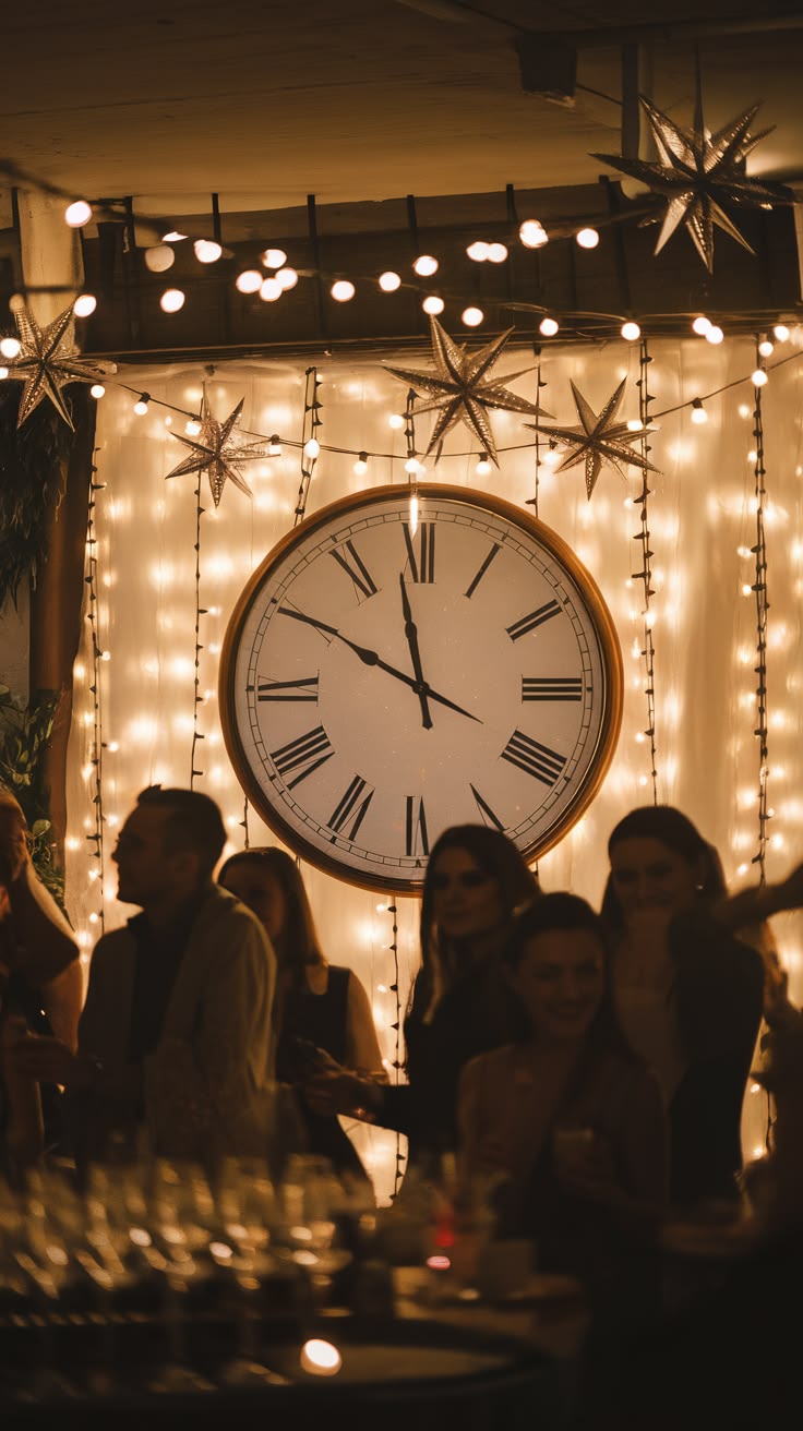 A large wall clock surrounded by star cutouts and string lights above a crowd at a party