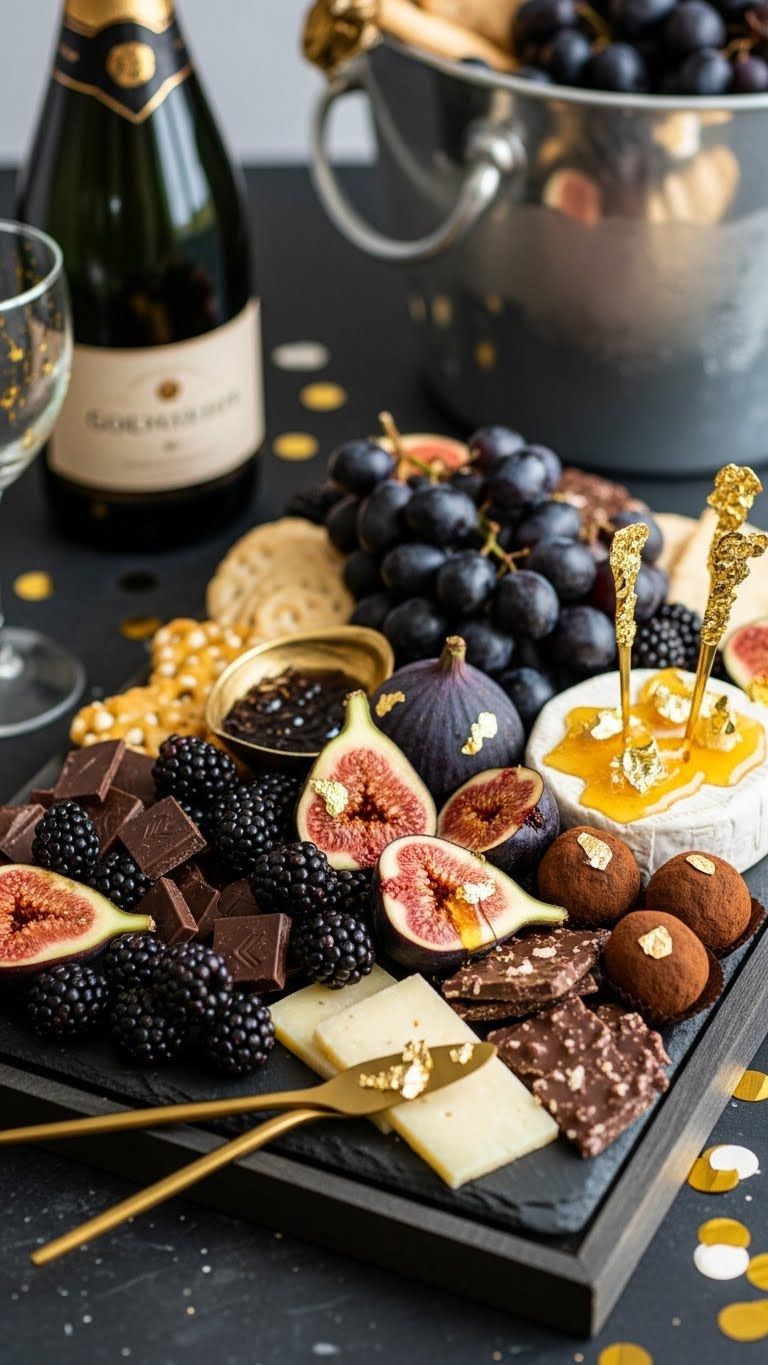 A charcuterie board with grapes, figs, chocolate, and gold leaf garnish beside champagne