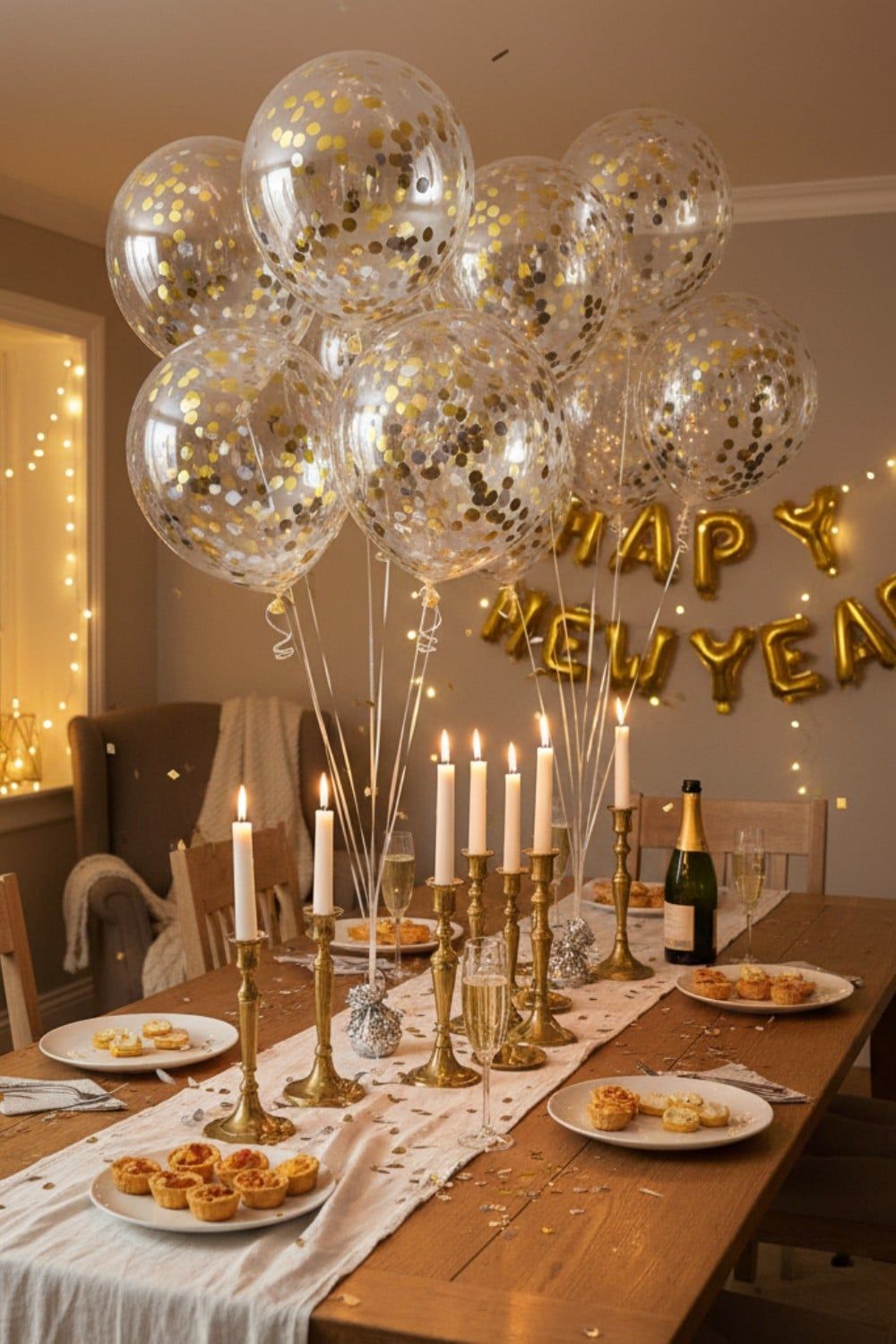 A cluster of gold confetti balloons beside a Happy New Year balloon banner on a dining table