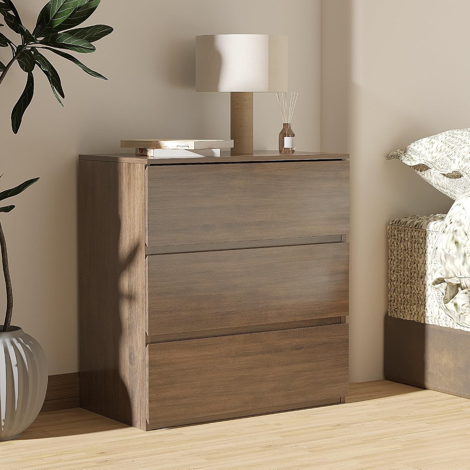 woodtalks 3 Drawer Dresser, Wood Chest Drawers with Storage for Closet, Bedroom, Living Room and Hallway, Drawers Dresser Bedside Nightstand, Walnut, Brown