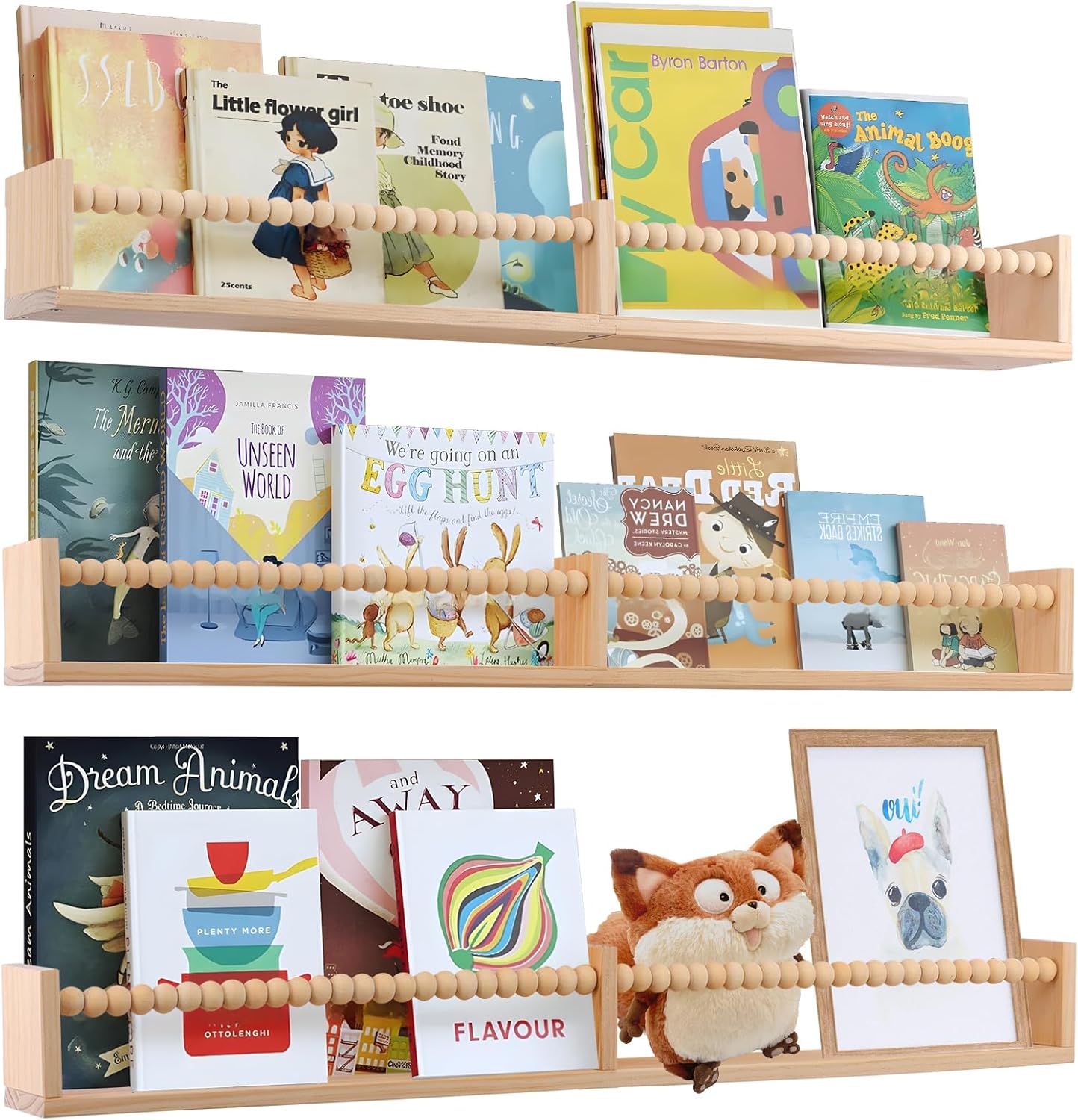birola Nursery Shelves with Beads Design - 32 Inches Wall Book Shelves Set of 3, Space-Saving Nursery Book Shelves for Kids Room, Bedroom and Study Room(Natural)