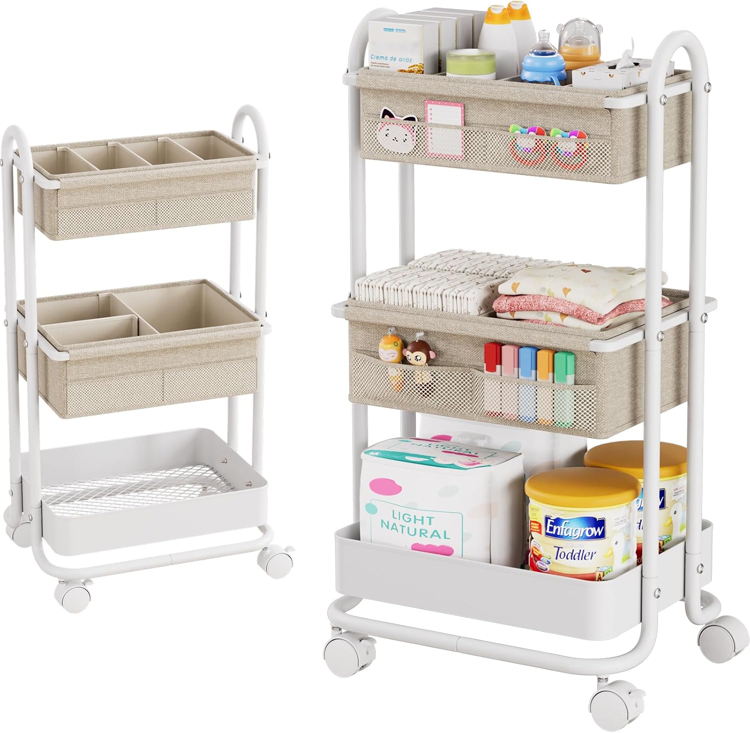 Modanais Baby Diaper Caddy Organizer Cart - 3 Tier Rolling Cart, Off White