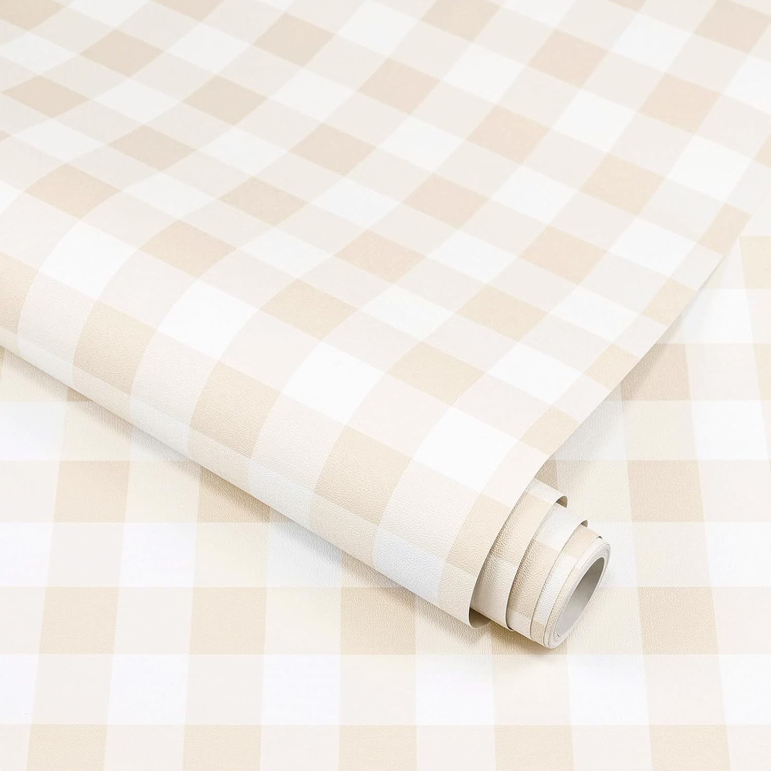 Beige Plaid Peel and Stick Wallpaper Removable Checkered Contact Paper, Gingham Self-Adhesive Waterproof Vinyl Roll for Shelf Drawer Liner Bedroom Nursery 17.3