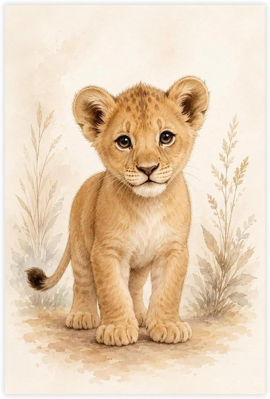 Vintage Baby Lion Wall Art, Safari Nursery Animal Print, Beige And Brown Lion Poster for Room Decor