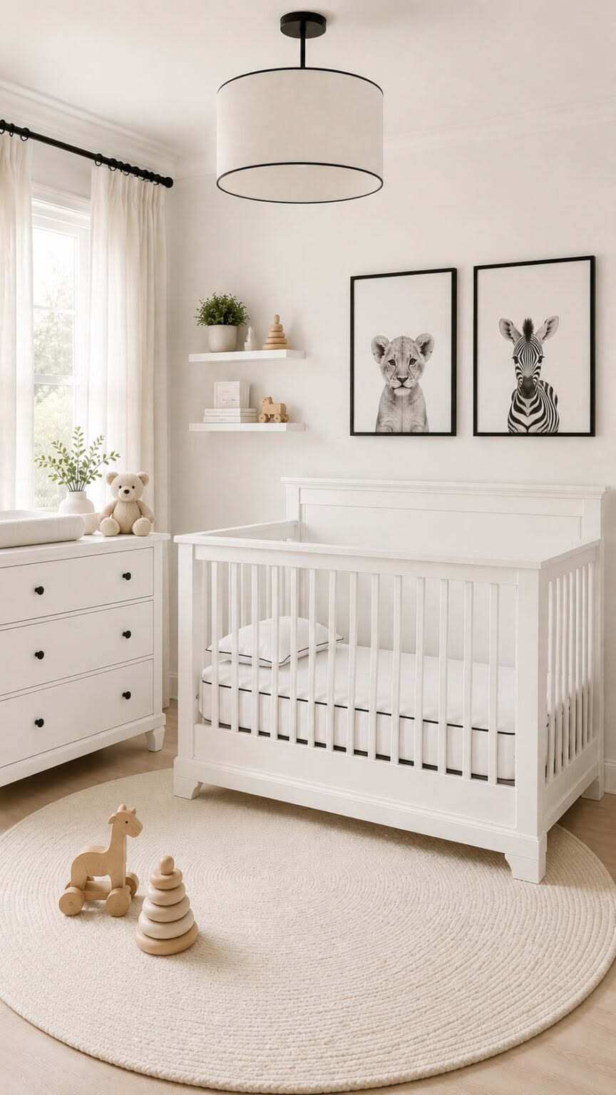 All white and cream nursery with a wood crib and simple animal line art