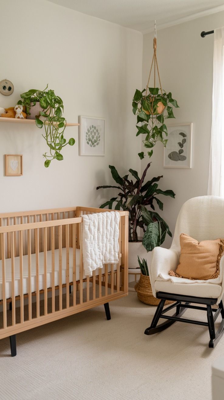 Nursery corner with real trailing houseplants on a shelf and a hanging planter beside a rocking chair