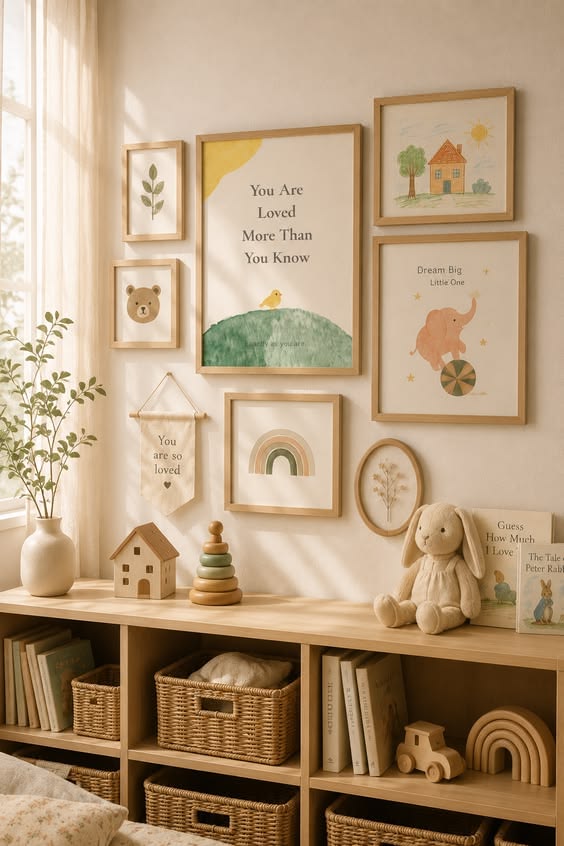 Simple nursery gallery wall of framed prints above open storage cubbies with baskets