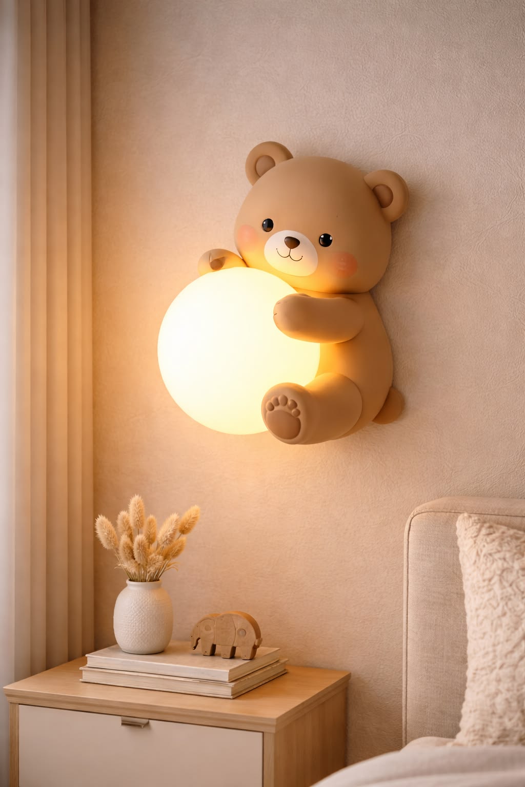 Warm glowing teddy bear-shaped night light beside a nursery crib