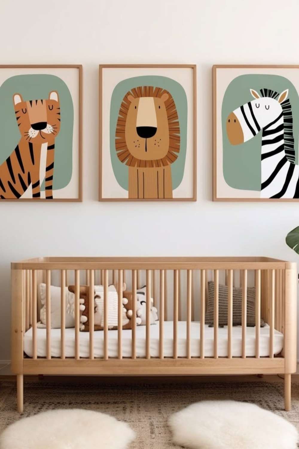 Three framed animal illustrations of a tiger, lion and zebra above a nursery crib