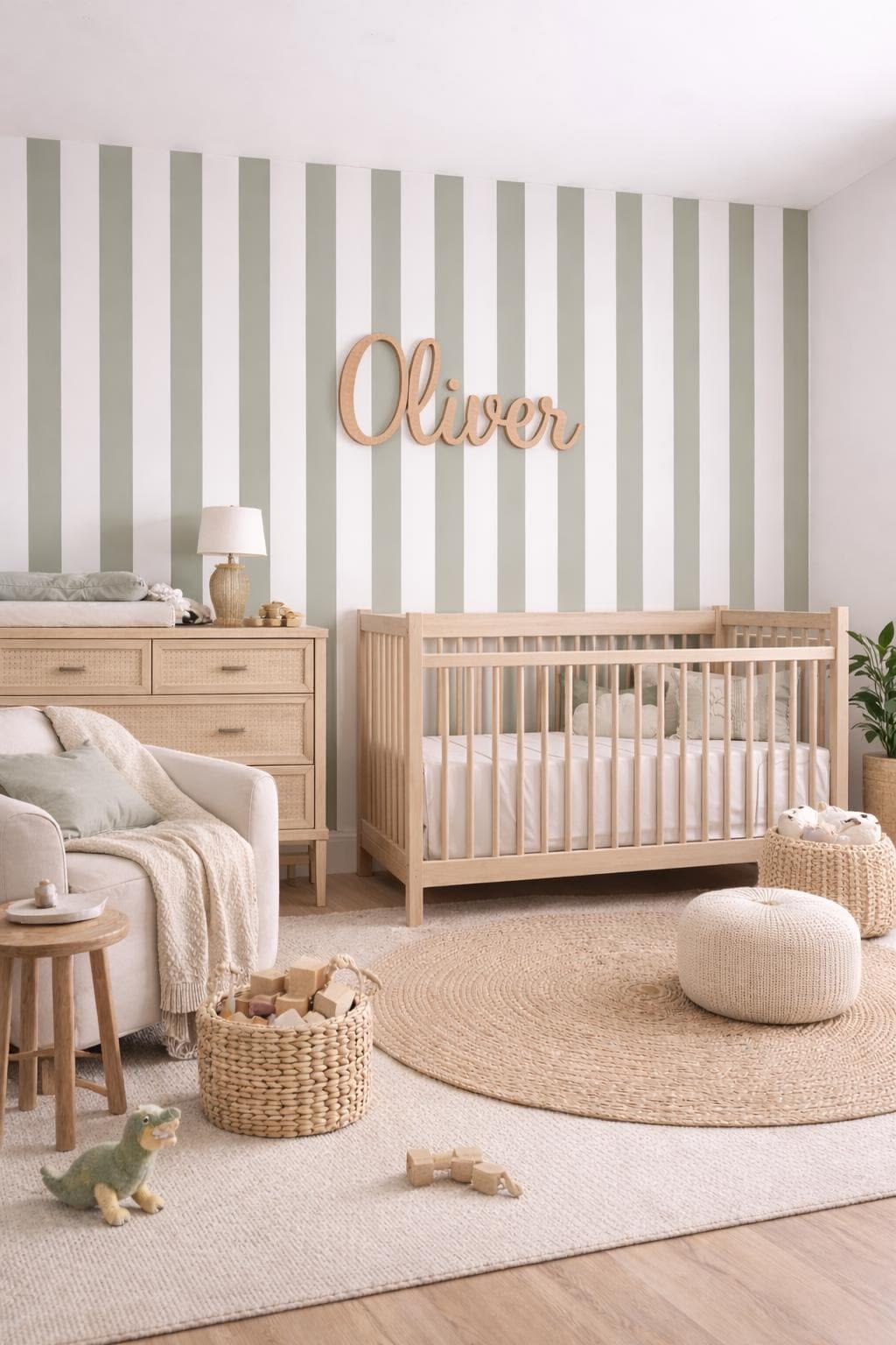 Nursery with gray striped statement wallpaper behind a wood crib and a name wall decal
