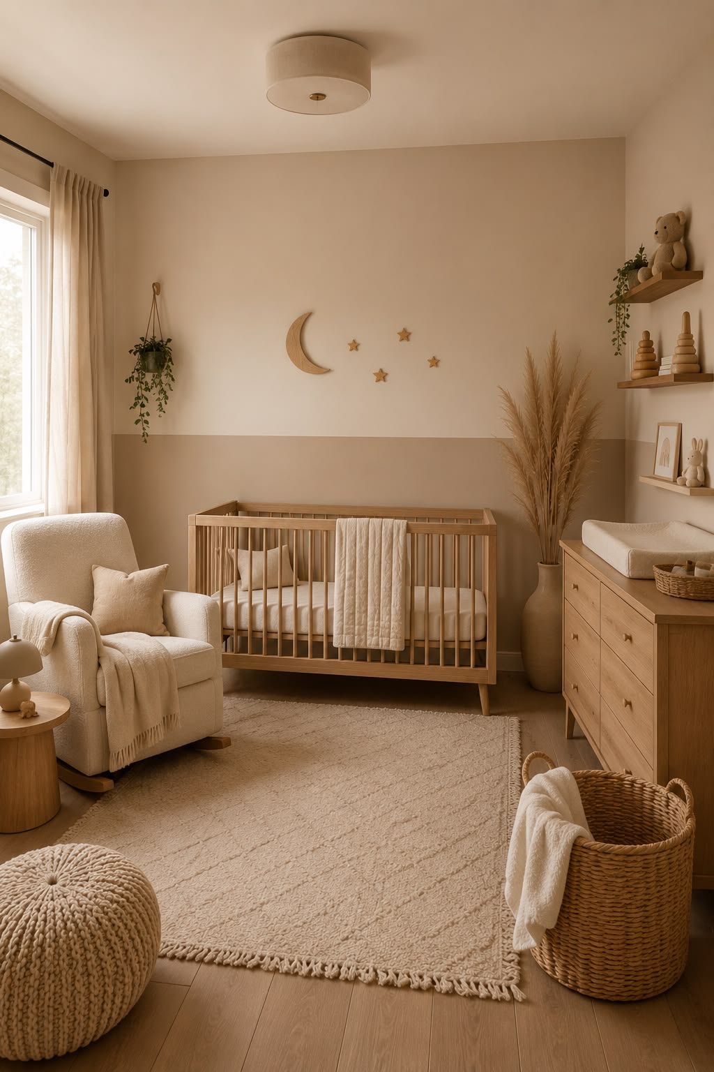 Warm beige nursery with a wood crib, moon wall decal and a boho pom pom rug