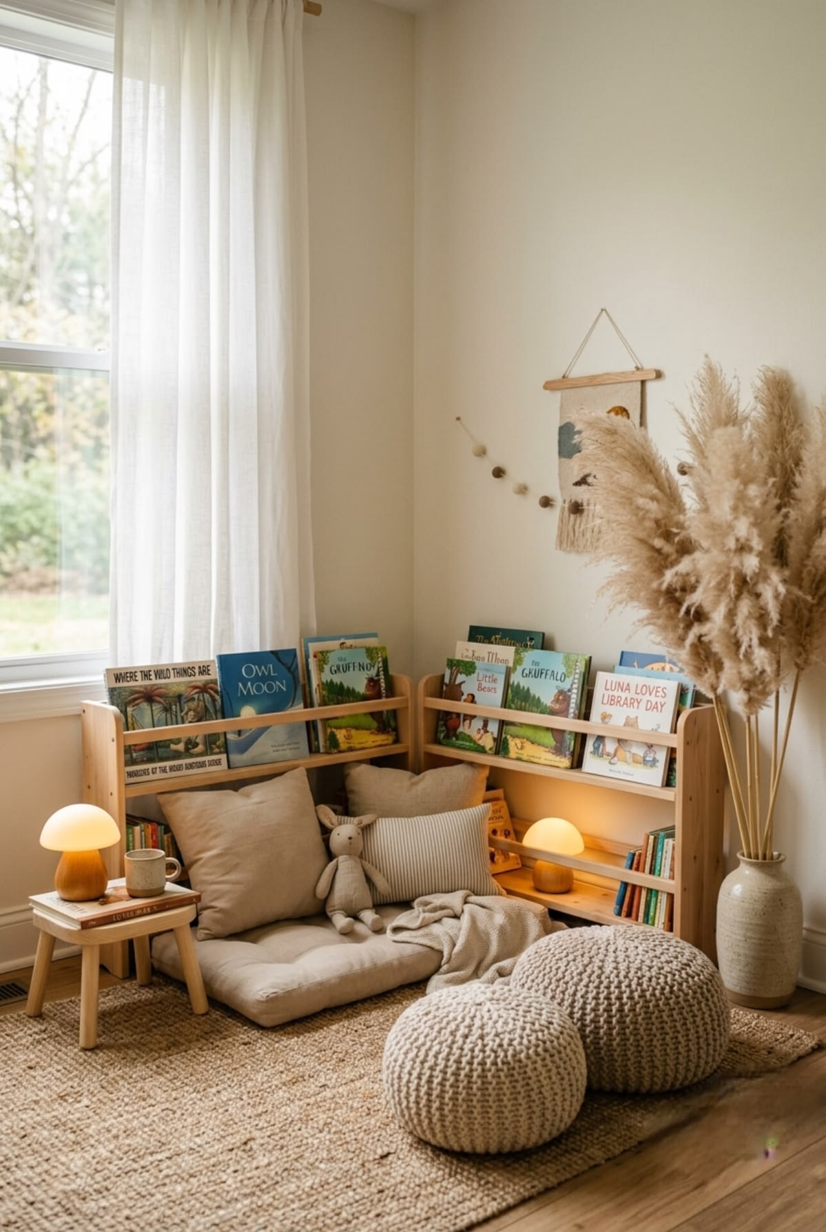 Nursery reading nook layering a book display, floor cushion, poufs and warm lighting