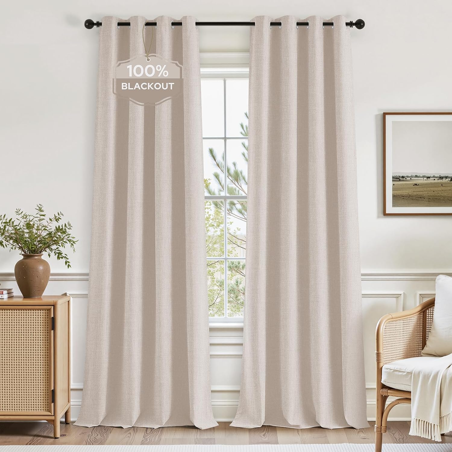 HOMEIDEAS 100% Blackout Beige Faux Linen Curtains, 52 x 84 Inch, 2 Panels
