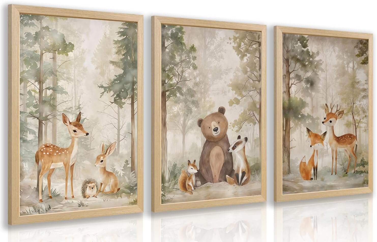 LLEEMPI Woodland Animal Nursery Wall Art Set of 3, 12 x 16 Inch Wood Framed Prints