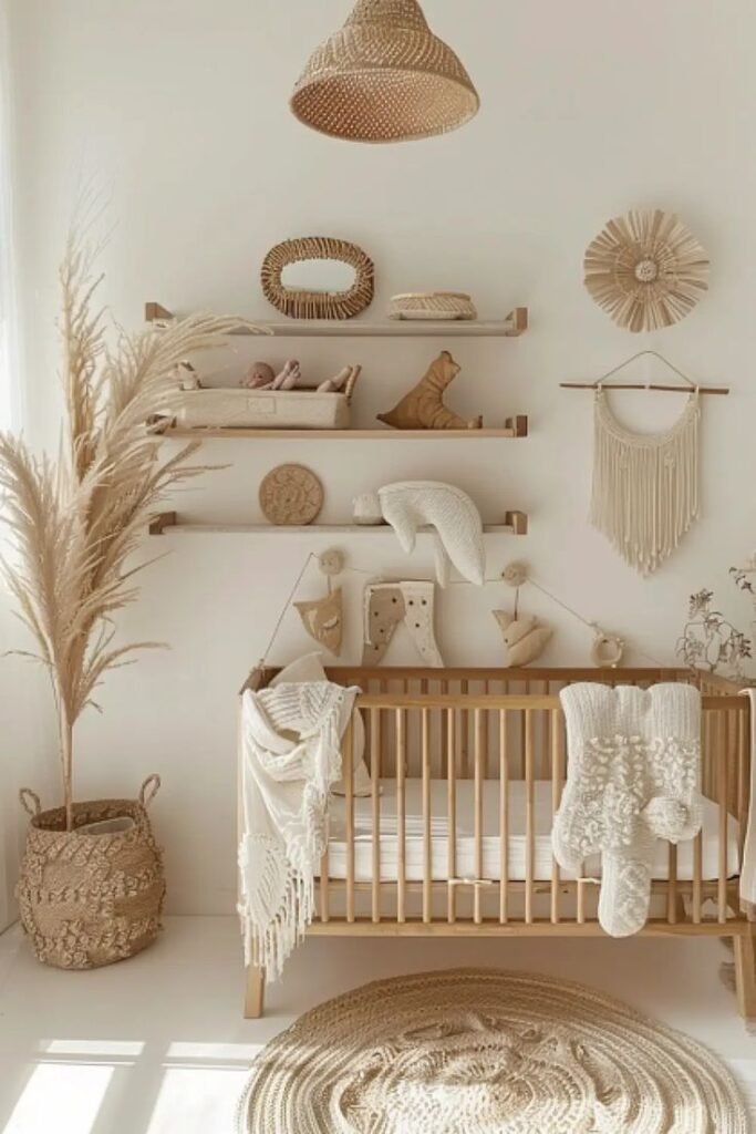 Boho-styled baby nursery room with woven textures and warm tones