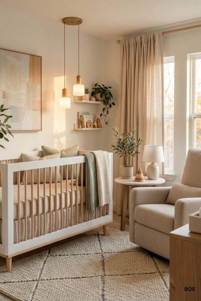 Calm neutral-toned baby nursery room with timeless styling