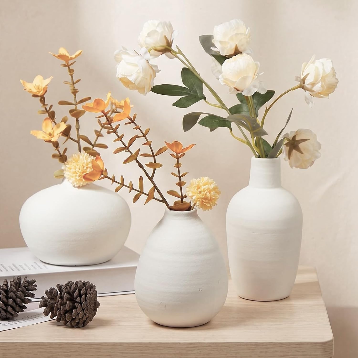 Matte Ceramic Vase Set of 3, Hand Textured, Cream White