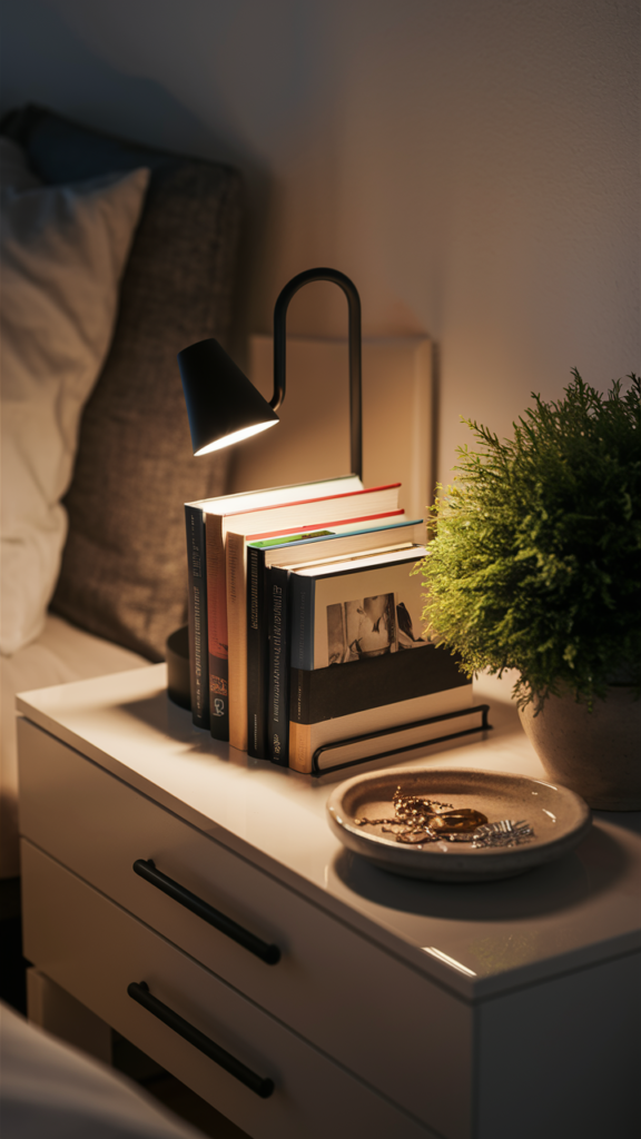 Styled nightstand bringing a finished look to the bedroom