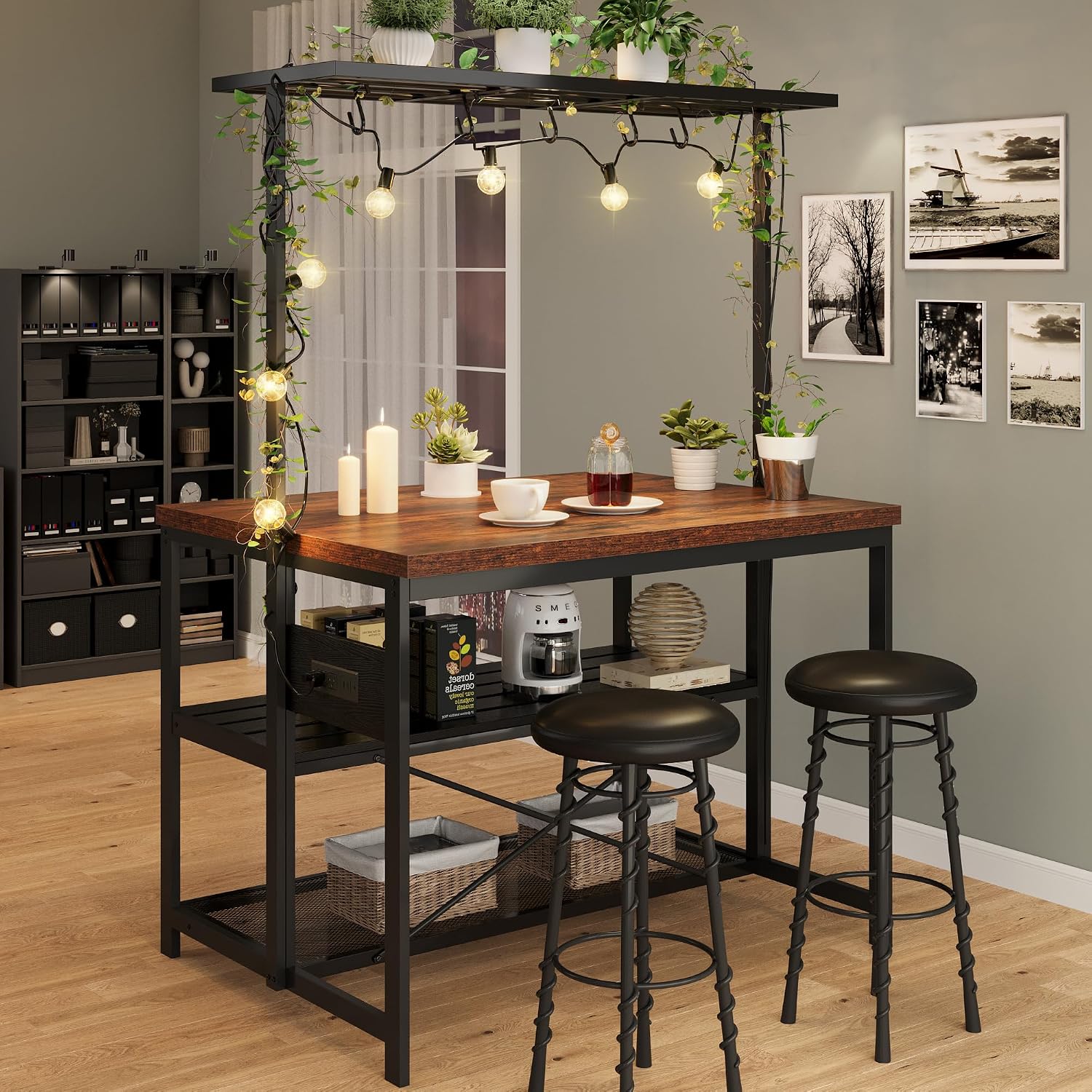 Kitchen Island Table with Storage, 47 Inch, Power Outlet and Baker's Rack