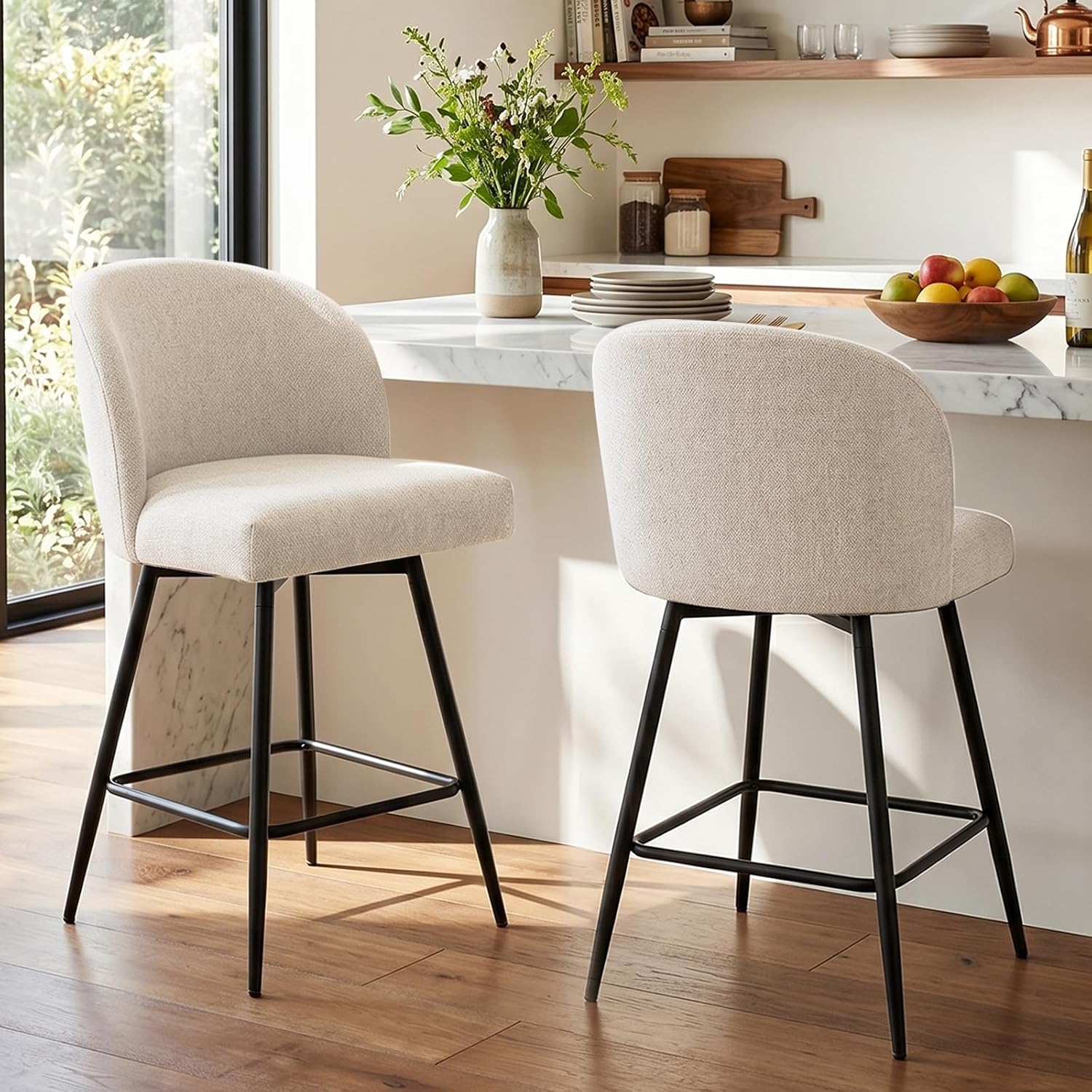 Counter Height Bar Stools Set of 2, 360 Degree Swivel Upholstered Barstools with Backs