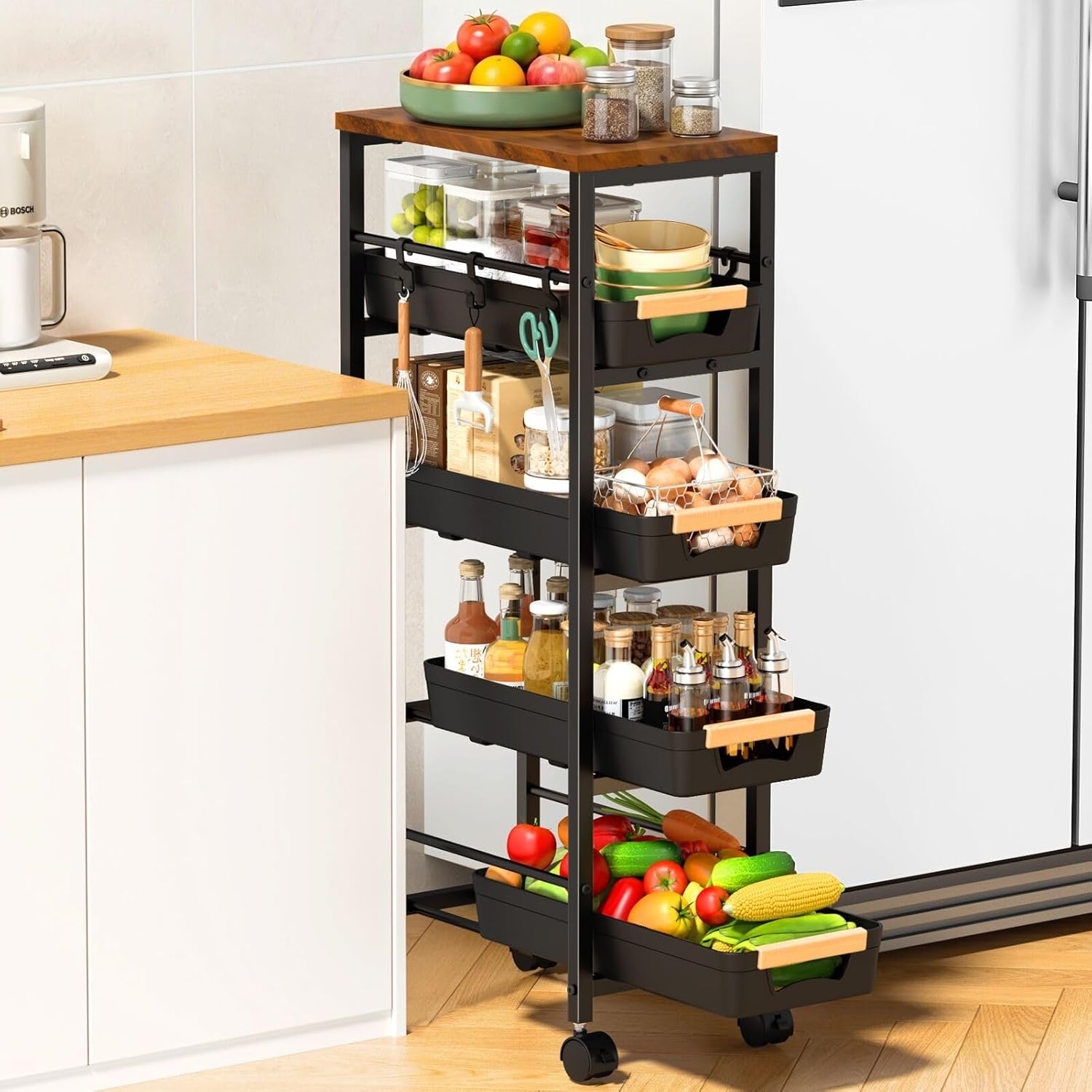 SUNALLY Slim Rolling Storage Cart with Wheels, Narrow Kitchen Cart, Black