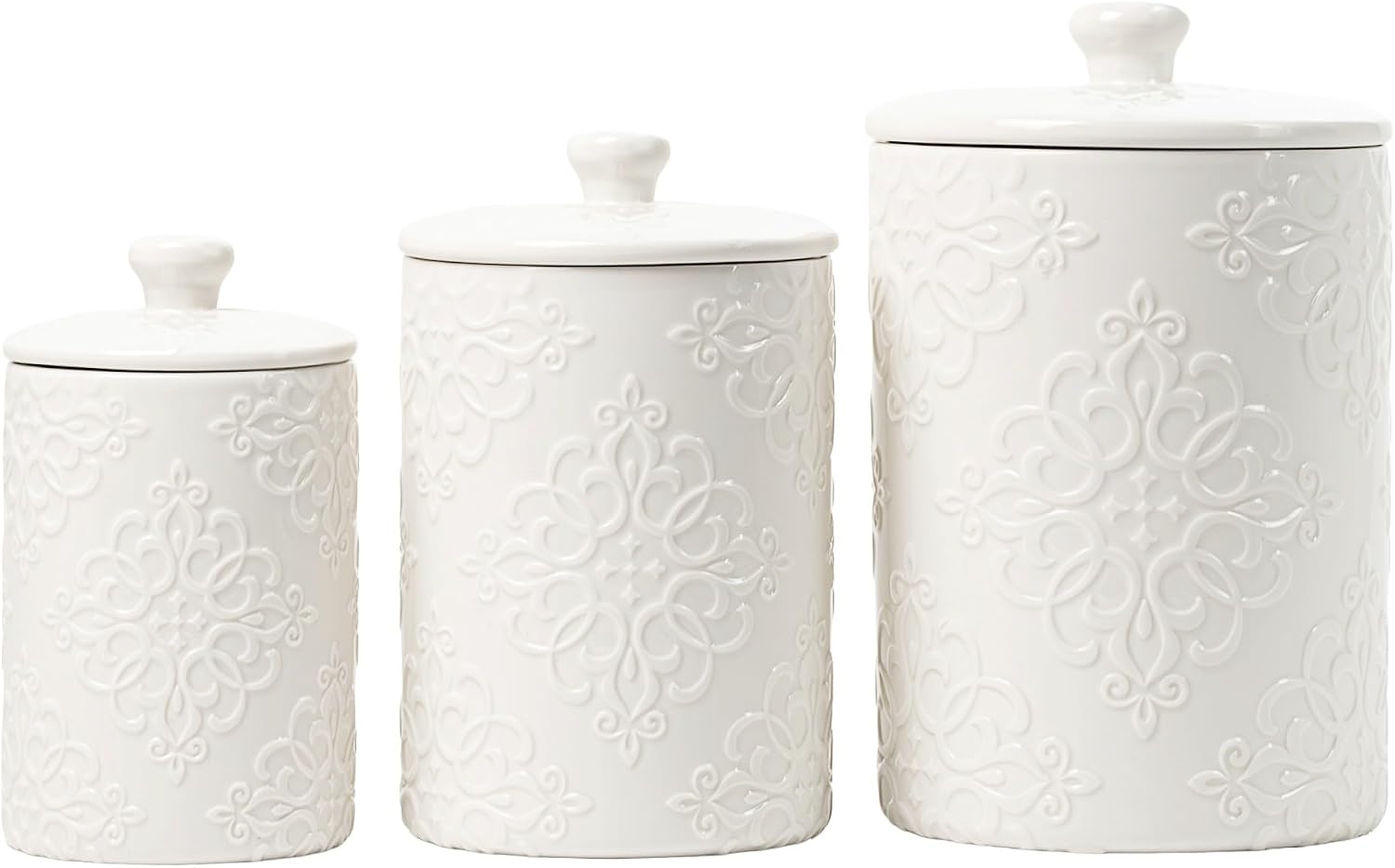 10 Strawberry Street Embossed Ceramic Kitchen Canister Set of 3, White