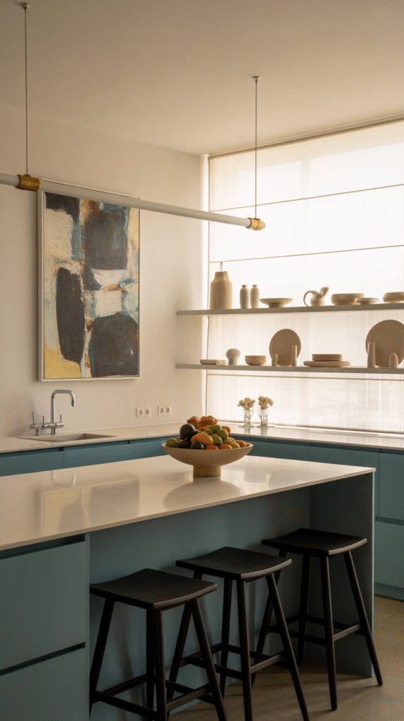 Open kitchen layout with clear walkway spacing between the island, cabinets and dining area