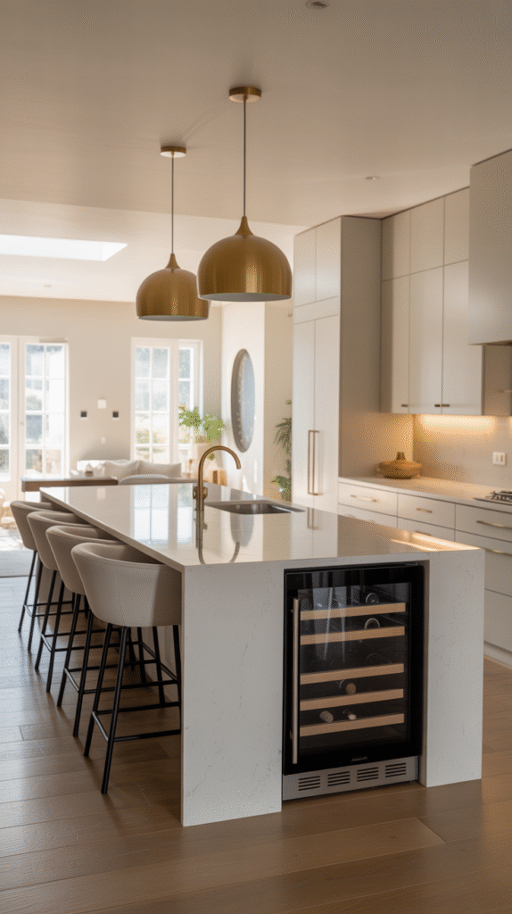 Sleek kitchen island with a waterfall edge and open shelving underneath