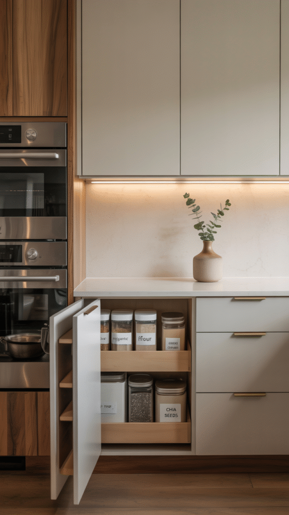 Kitchen with smart hidden storage keeping the countertops clear and open