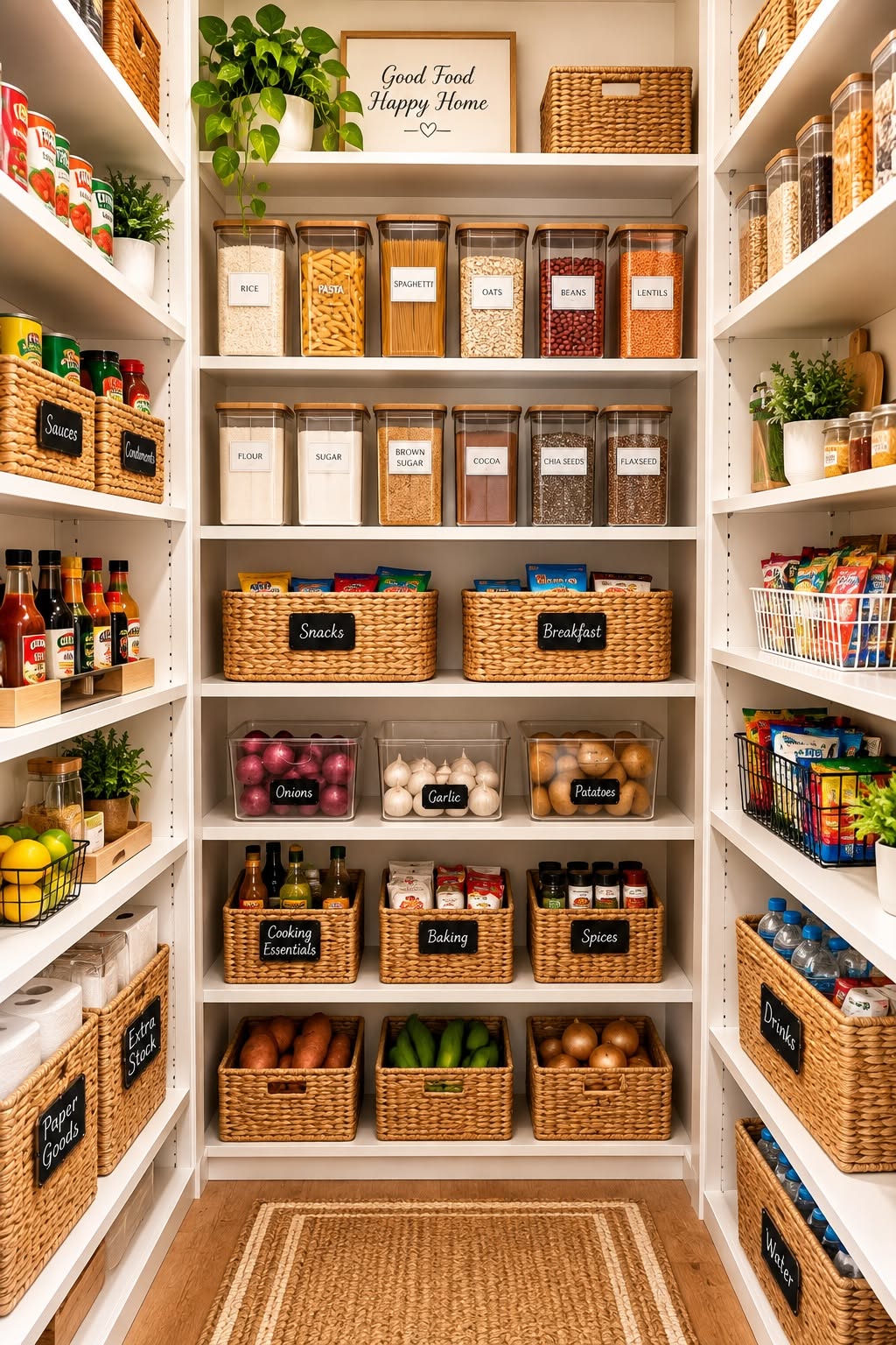 Pantry shelves with clear labeled containers for rice, pasta, spaghetti, oats, beans, flour, sugar, brown sugar, cocoa and flaxseed