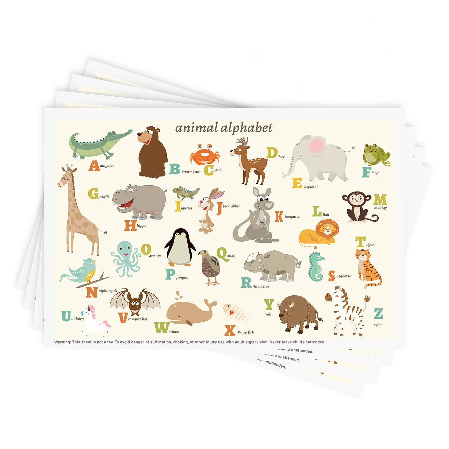 Babebay Disposable Stick-On Placemats for Kids, 40 Pack, Animal Alphabet