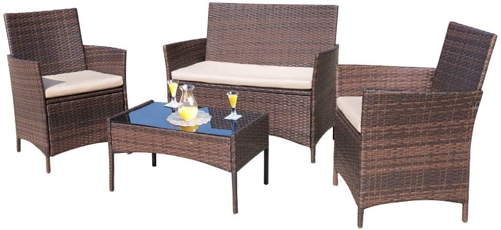 Homall 4 Piece Outdoor Patio Furniture Set, Rattan Chairs, Brown and Beige