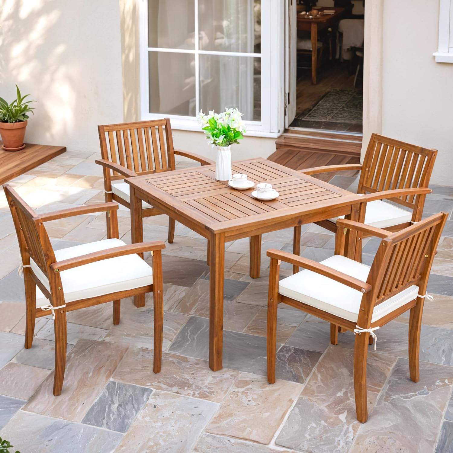 Flamaker 5 Piece Acacia Wood Outdoor Dining Set, Table and Chairs