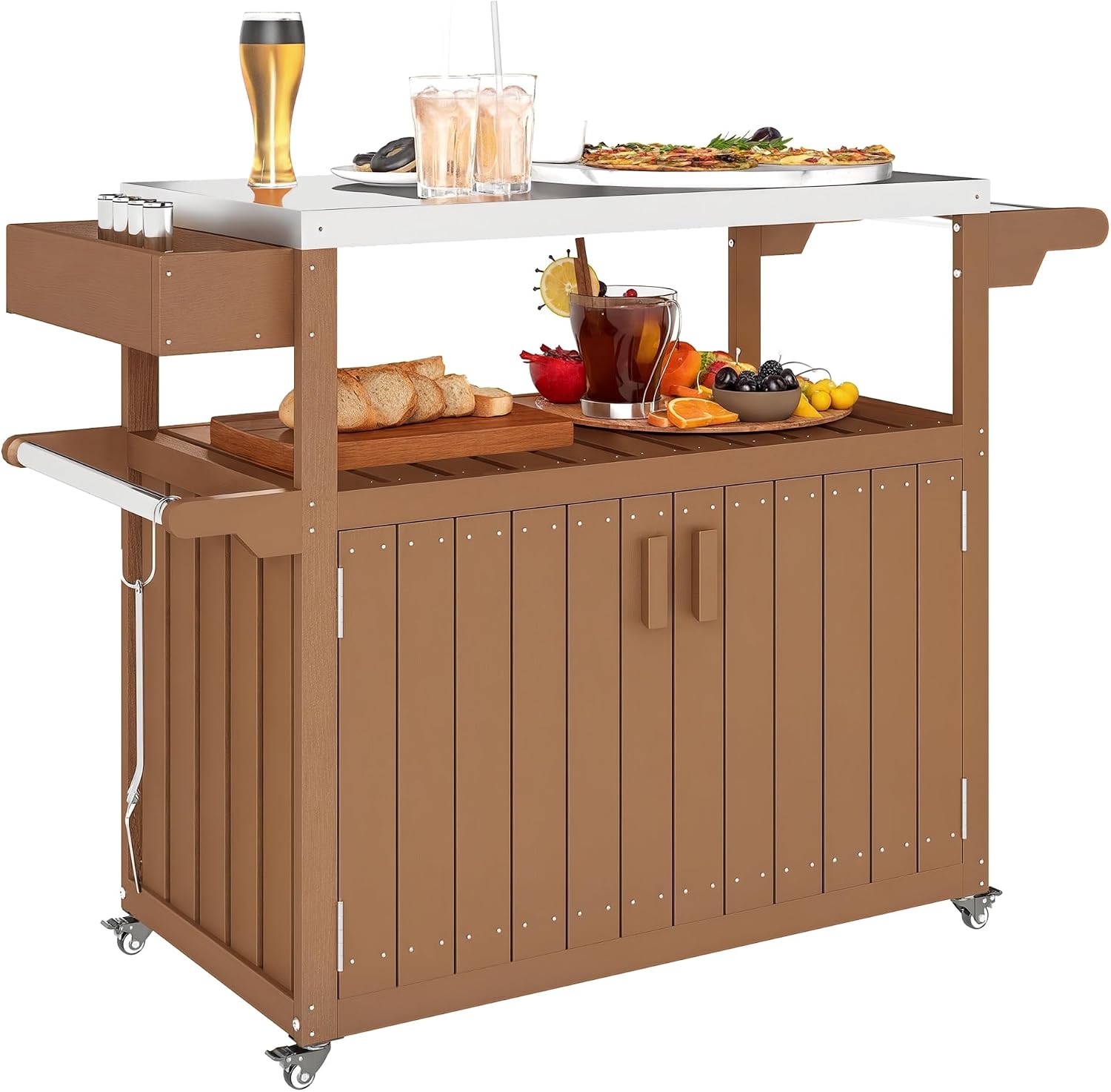 Outsunny Outdoor Bar Cart with Storage Cabinet, Brown