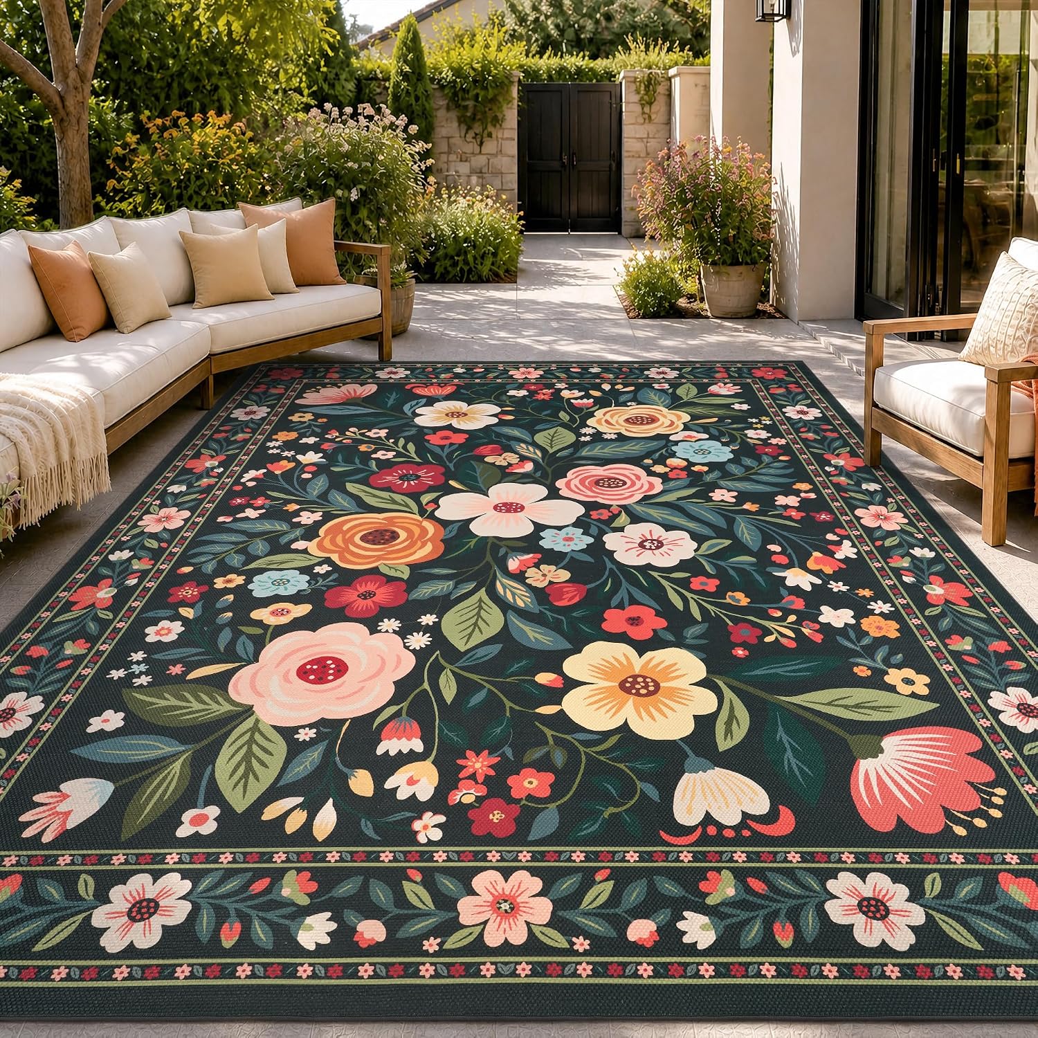 PADOOR Floral Washable Indoor Outdoor Area Rug, 8 x 10 Ft