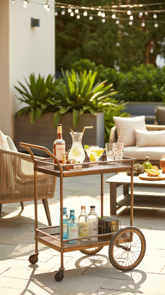 Rolling outdoor bar cart stocked with glassware and a pitcher