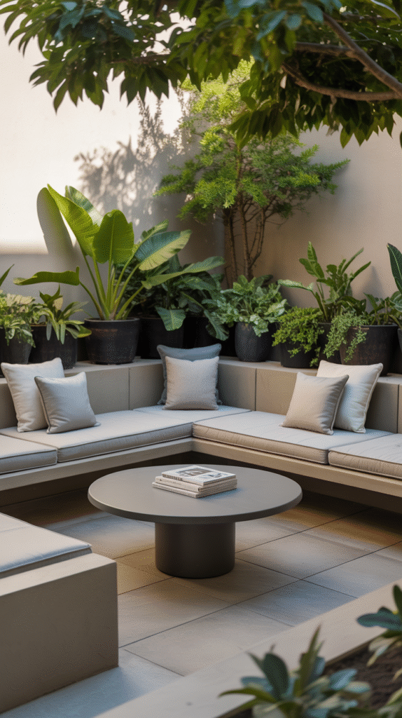Built-in concrete patio seating with cushions along the edge of the space