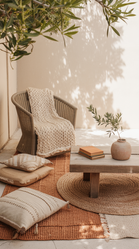 Patio seating layered with weather-resistant cushions and throw blankets