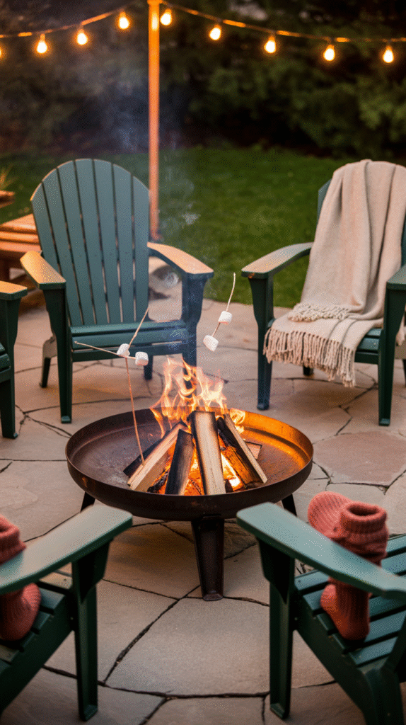 Fire pit glowing on a patio in the evening as a gathering spot