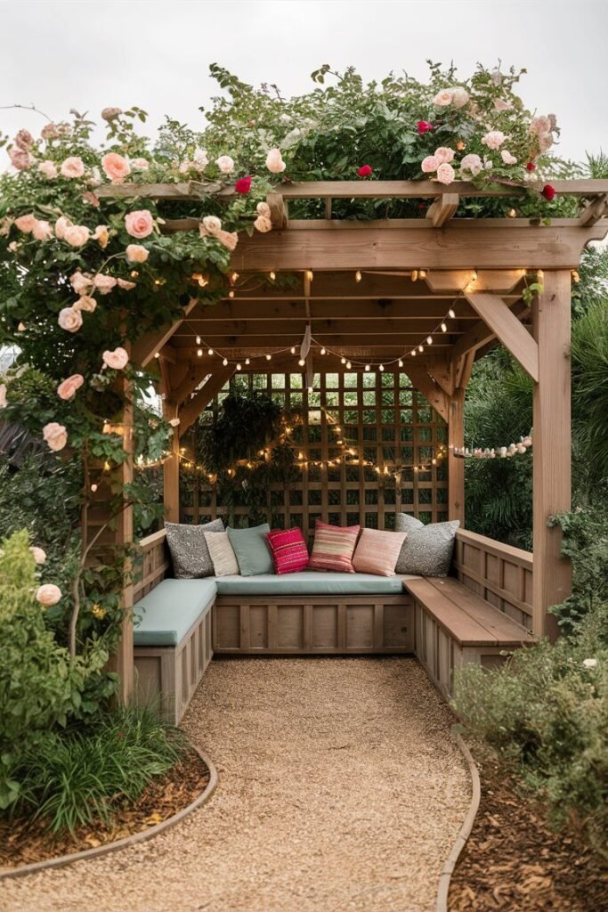 Wood pergola with a built-in cushioned corner bench covered in pillows, framed by climbing pink roses and string lights