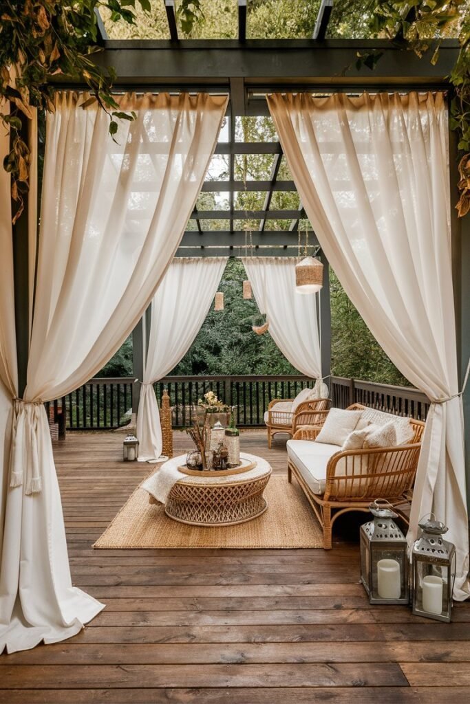 Sheer ivory outdoor curtains draped around a pergola framing a rattan sofa, coffee table and lanterns on a wood deck