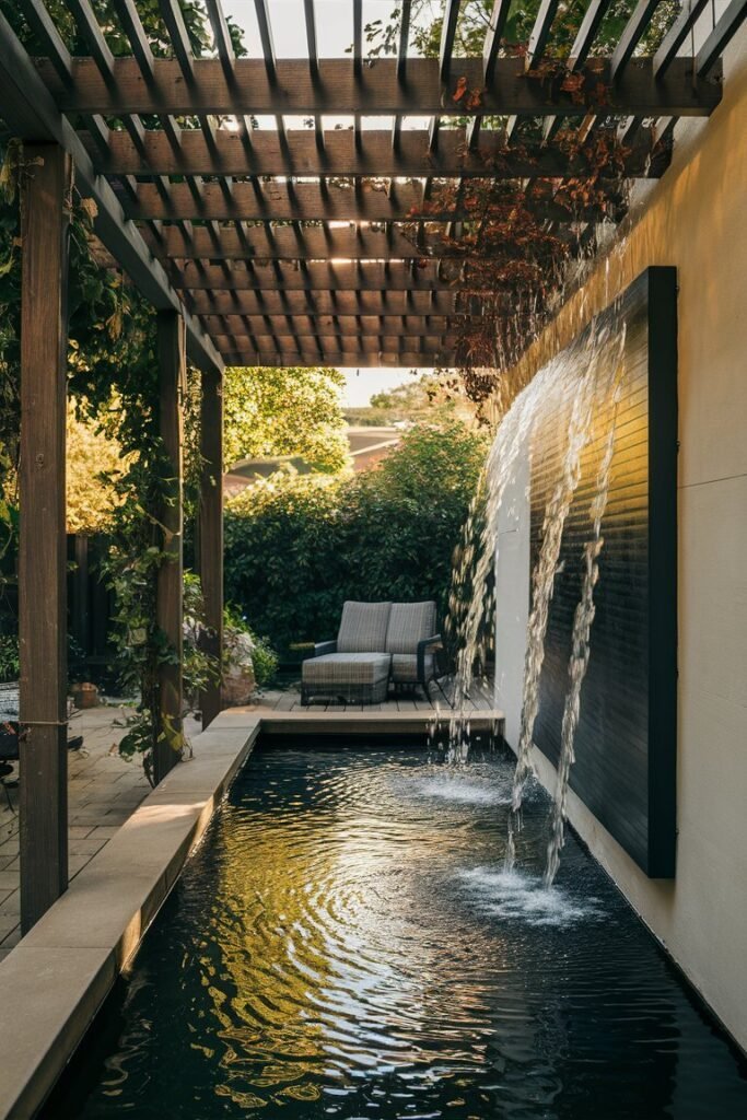Wood pergola beside a wall-mounted water feature with cascading water into a reflecting pool, with lounge seating nearby at golden hour