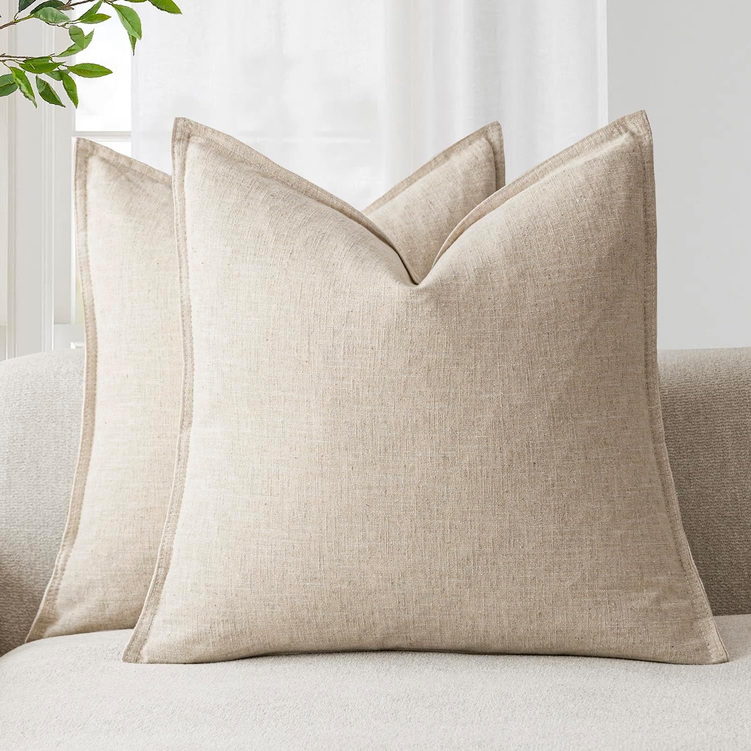 Foindtower Linen Solid Throw Pillow Covers, 20 x 20 Inch, Natural Beige