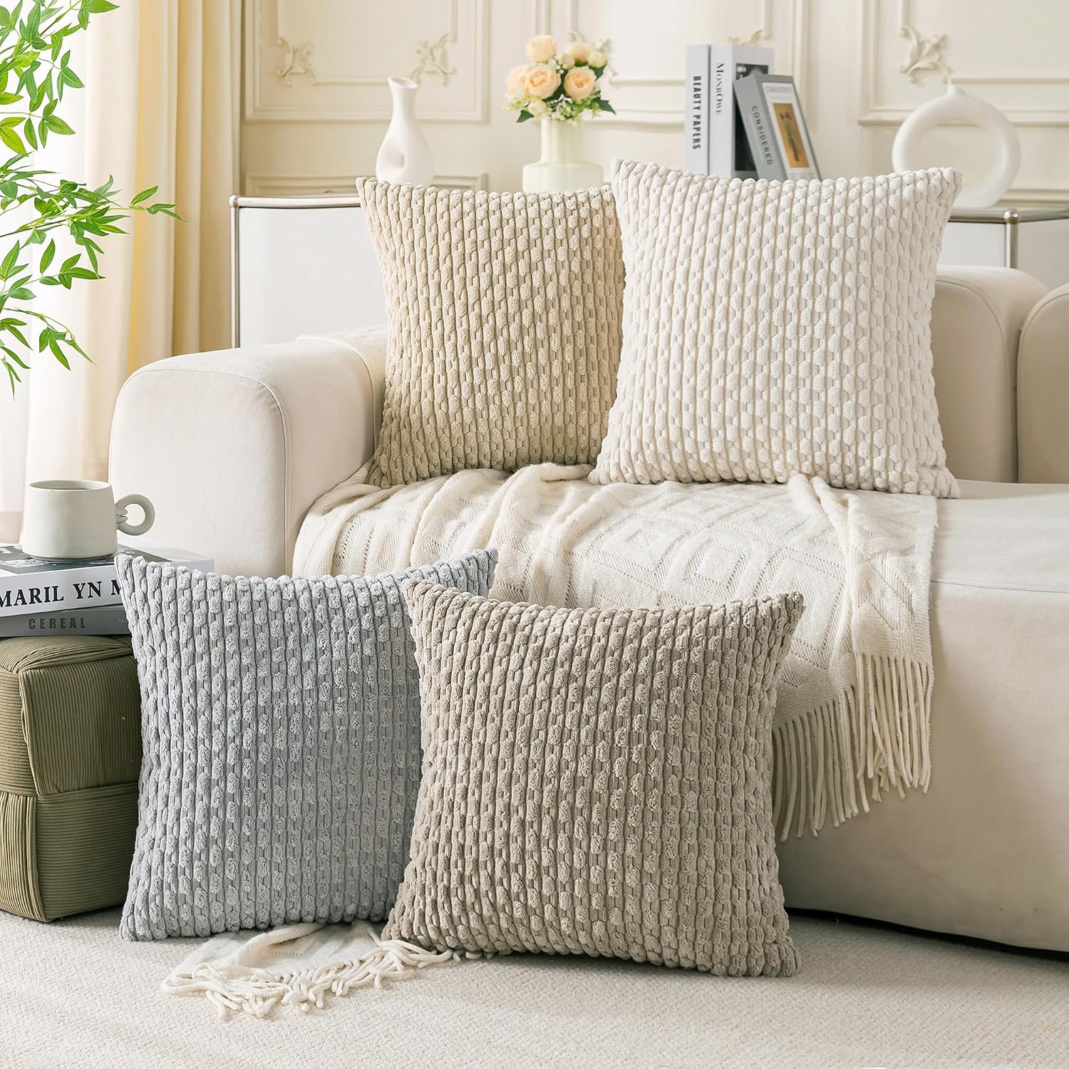 Neutral Corduroy Decorative Throw Pillow Covers, 18 x 18 Inch, Set of 4